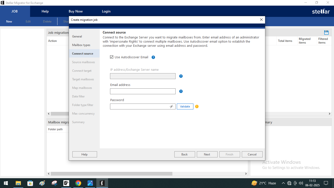 Now you need to connect the software to the source Exchange server. In the Connect Source section: